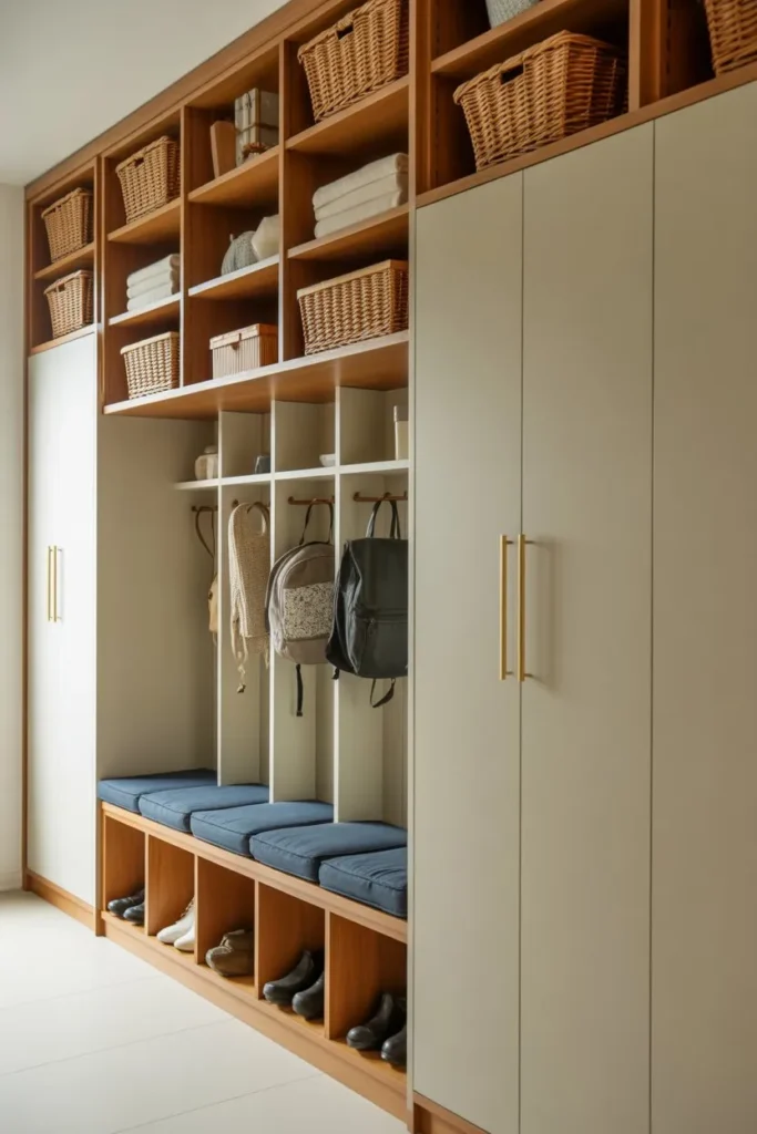 Built-In Mudroom with Mixed Open and Closed Sections