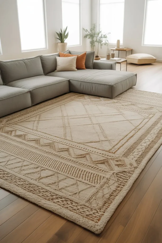 Center Couch with Rug to Anchor Layout