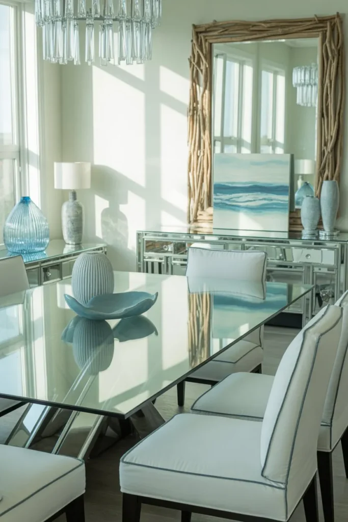 Coastal Dining Room with Glass and Reflective Elements