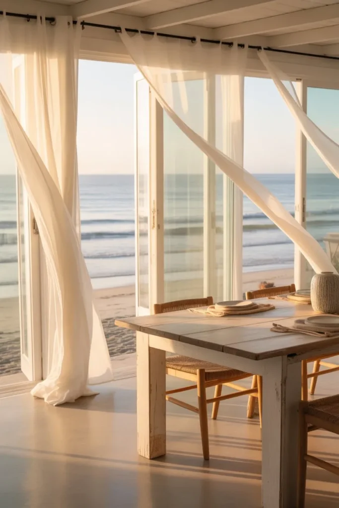 Coastal Dining Room with Large Windows and Light Flow