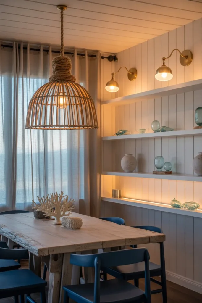 Coastal Dining Room with Layered Lighting Strategy
