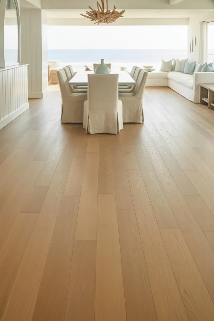 Coastal Dining Room with Light Flooring Continuity