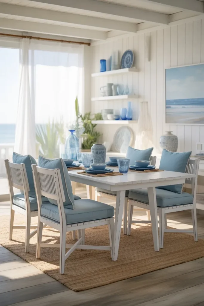 Coastal Dining Room with Soft Blue Accent Layers