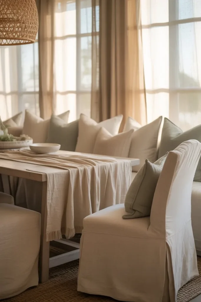 Coastal Dining Room with Soft Layered Textiles