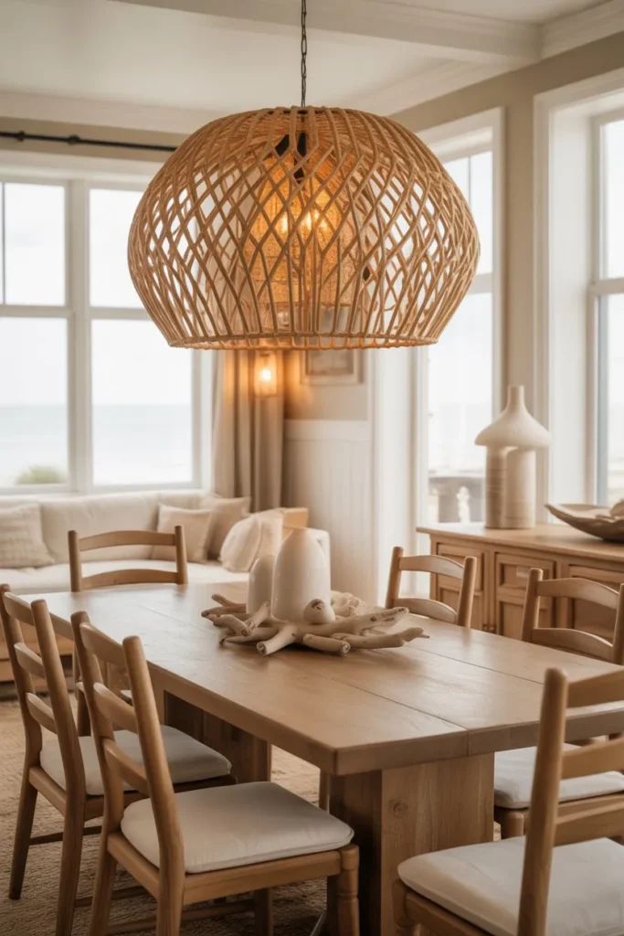 Coastal Dining Room with Statement Lighting Fixture