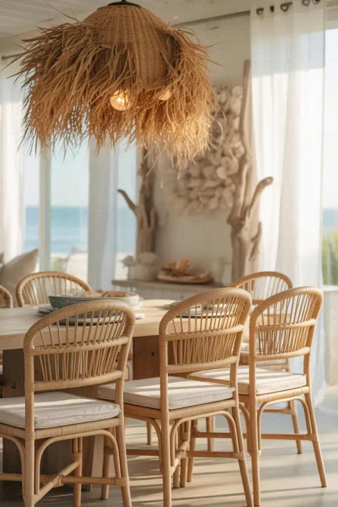 Coastal Dining Room with Woven and Rattan Elements