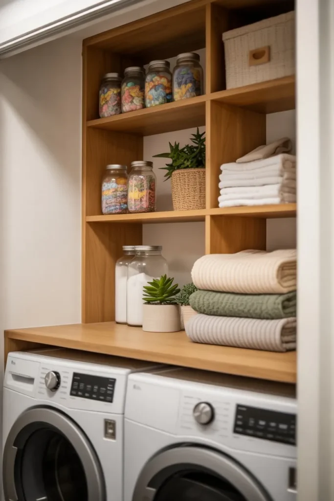 15 Laundry Room Ideas for Small Spaces That Work Smart Compact Laundry with Open Shelving