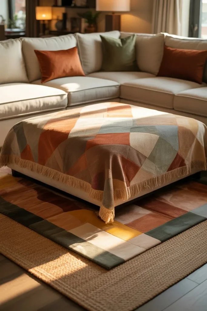 Couch with Layered Rugs for Visual Depth