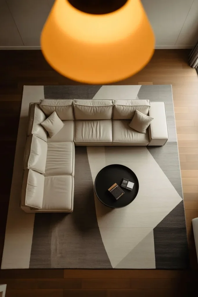 Couch with Visual Boundary Using Lighting or Rug