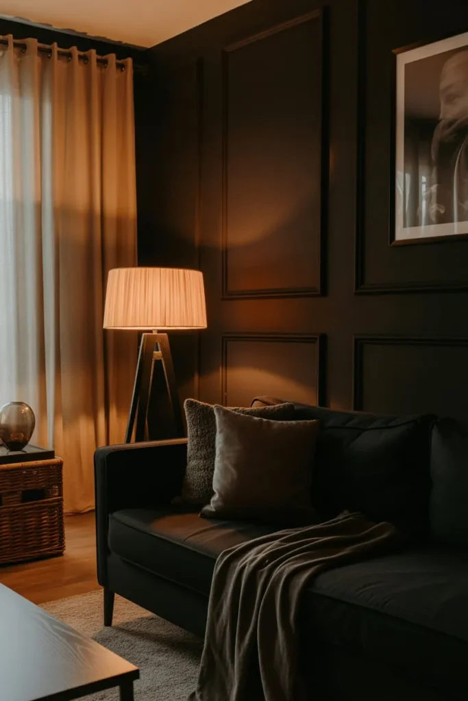 Cozy Black Living Room with Soft Lighting