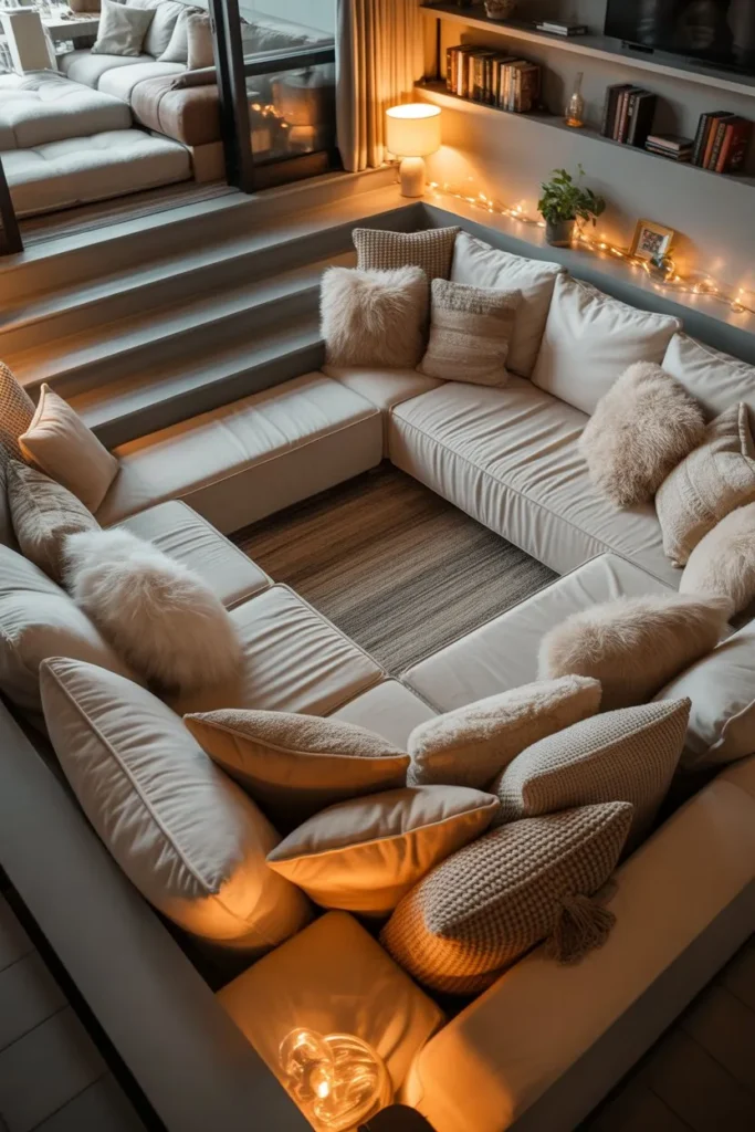 Cozy Sunken Living Room with Plush Seating