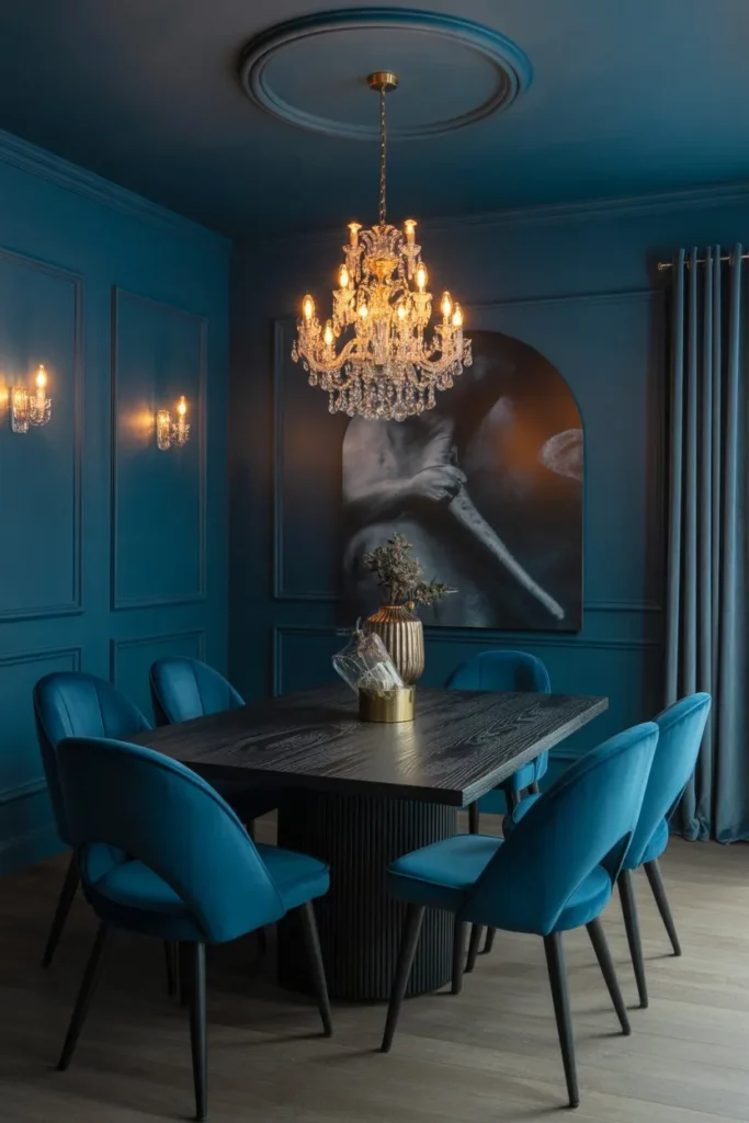 Dark Moody Dining Room with Velvet Seating