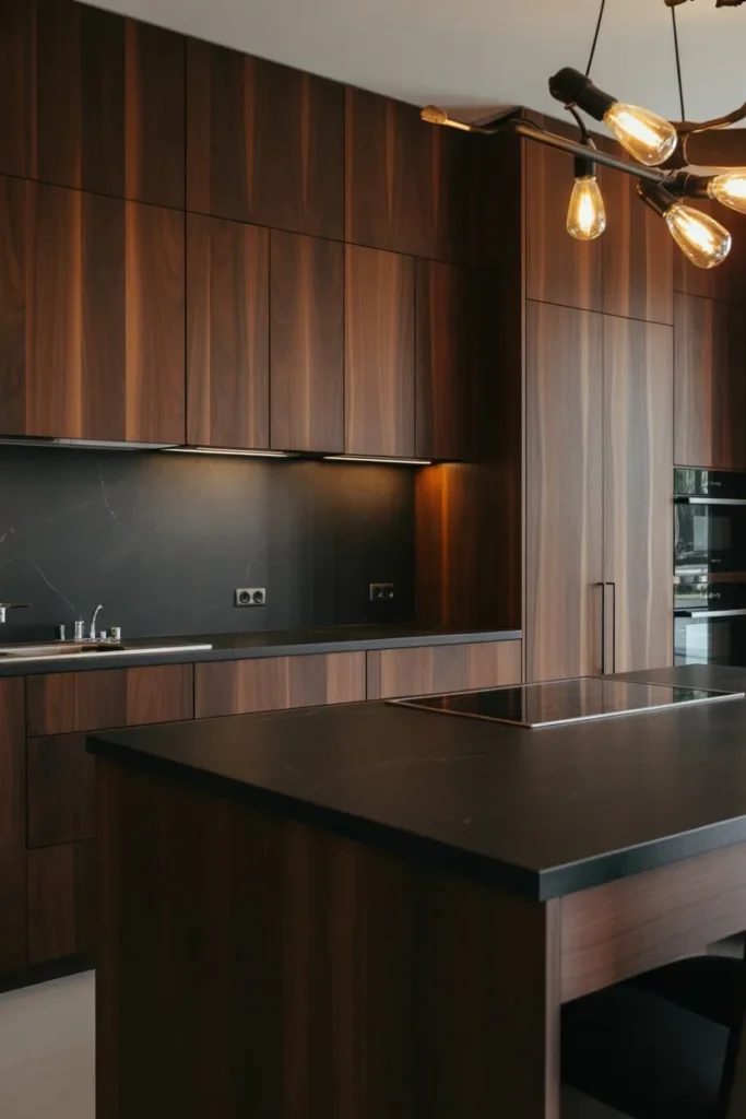 Dark Wood Kitchen with Bold Contrast