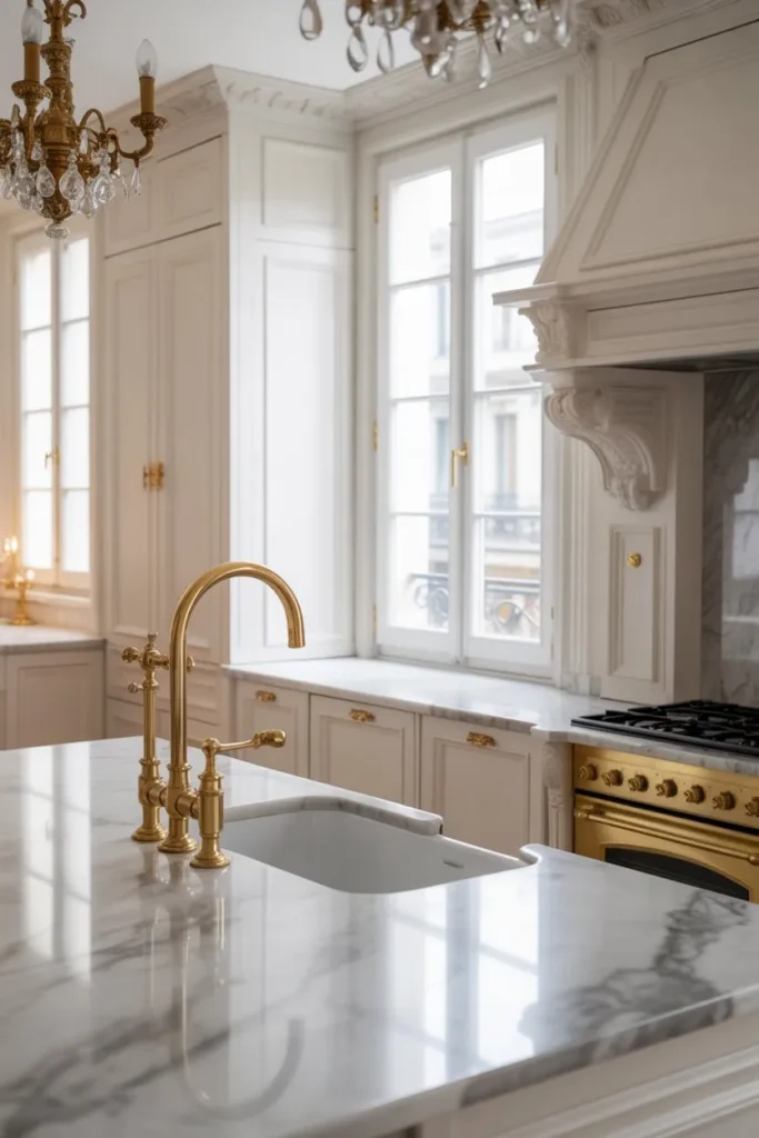 Elegant Parisian Kitchen with Gold Fixtures