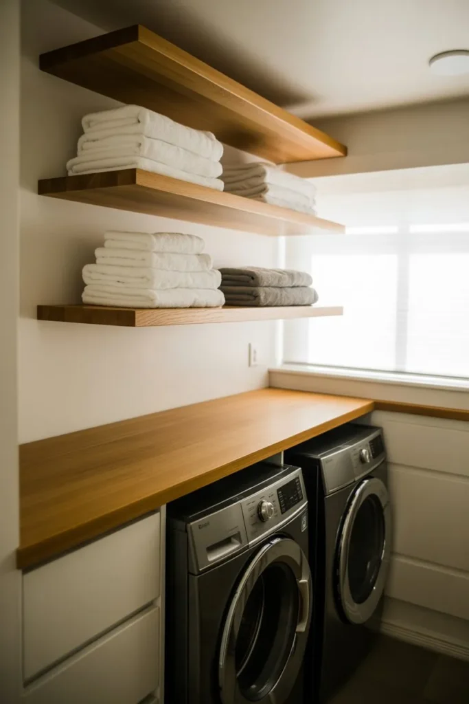 Floating Wood Shelves Above Washer Dryer