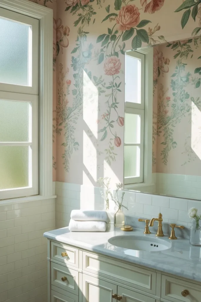 Floral Bathroom Wallpaper for a Soft Elegant Look