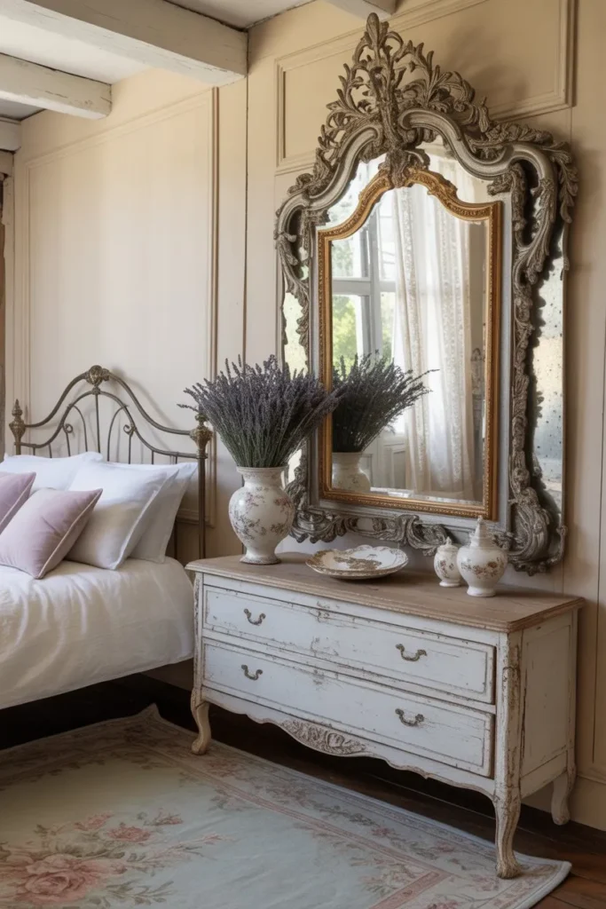French Country Bedroom with Antique Mirror Accents