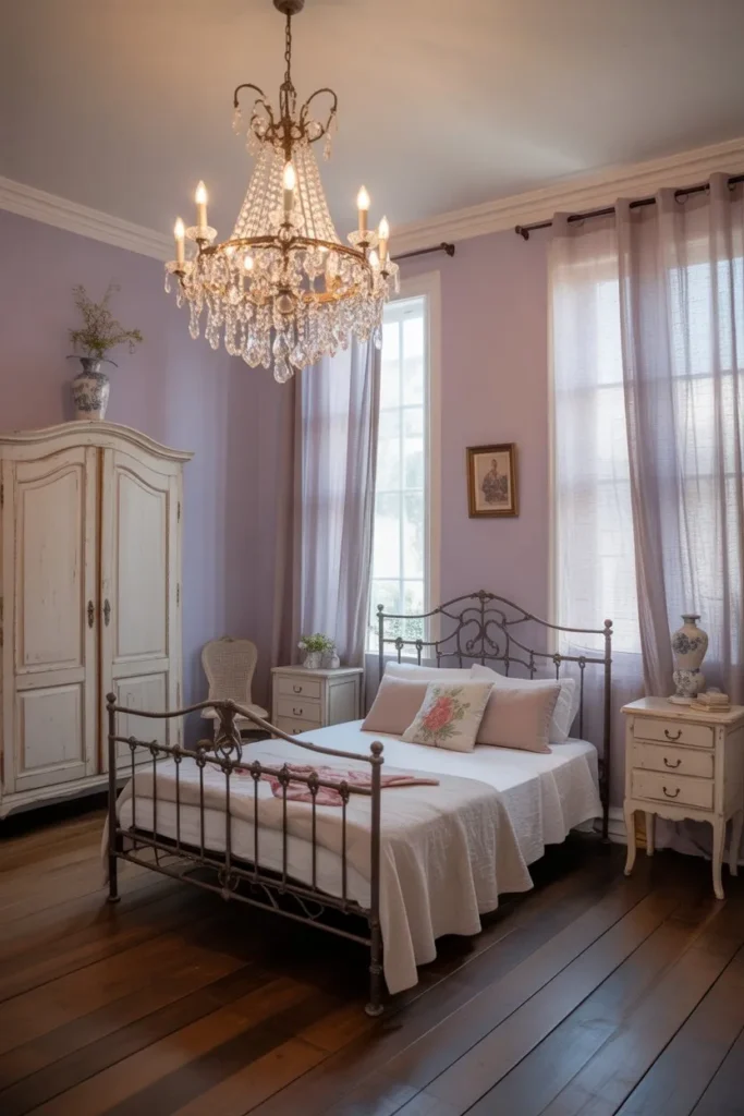 French Country Bedroom with Chandelier Lighting