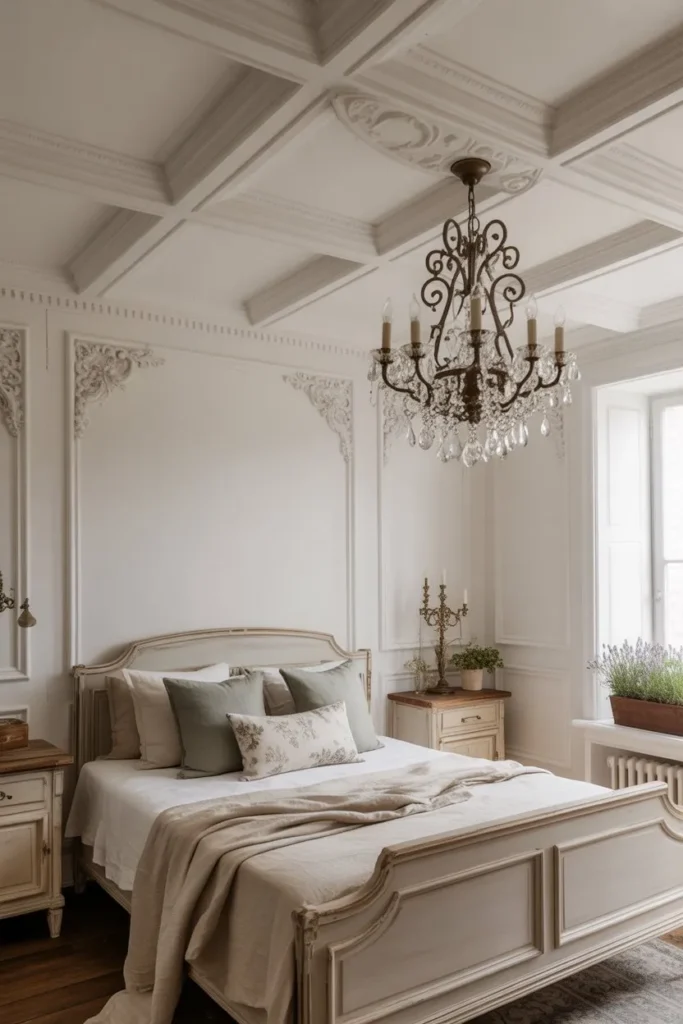 French Country Bedroom with Decorative Ceiling Details