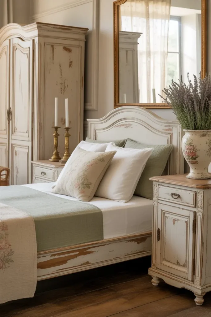 French Country Bedroom with Distressed Furniture