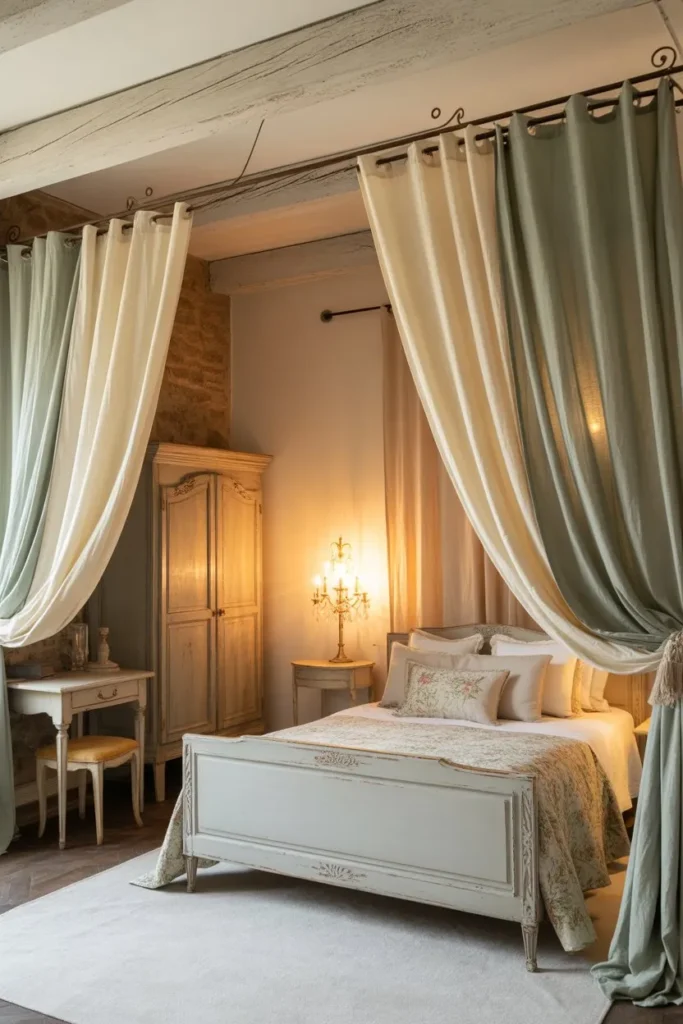 French Country Bedroom with Elegant Drapery