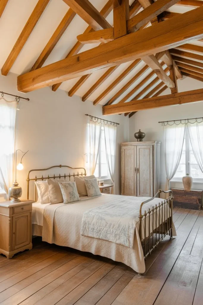 French Country Bedroom with Exposed Wooden Beams