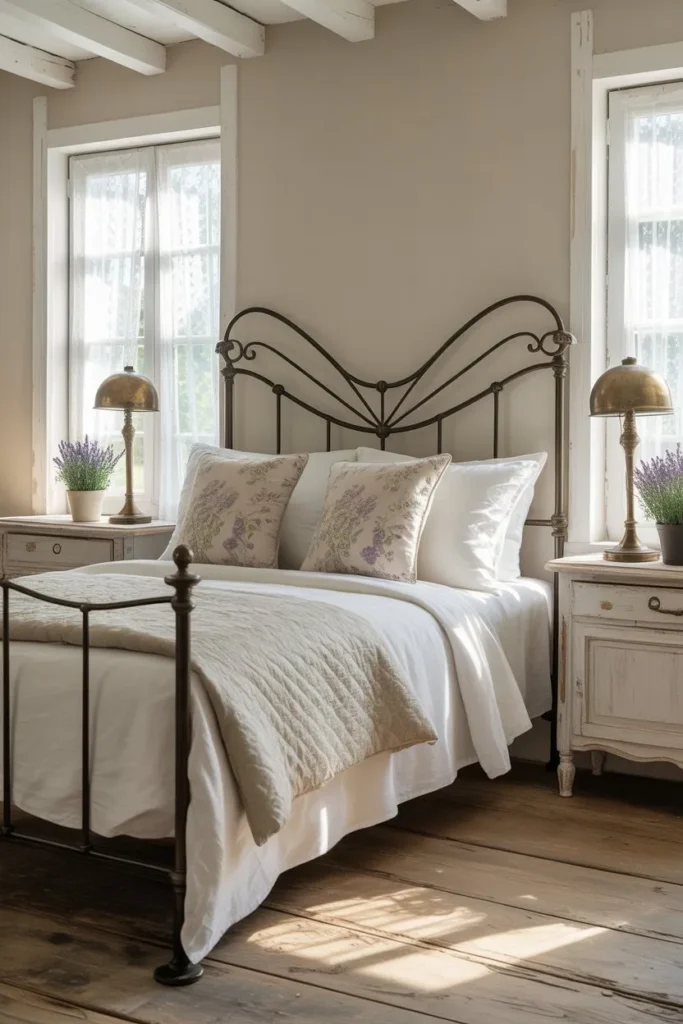French Country Bedroom with Iron Bed Frame