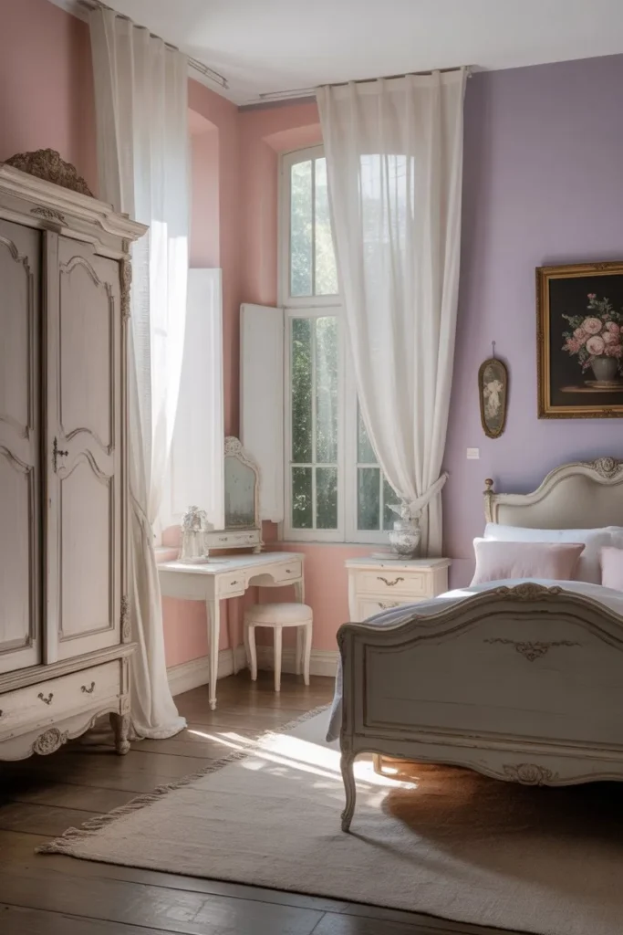 French Country Bedroom with Light Pastel Walls