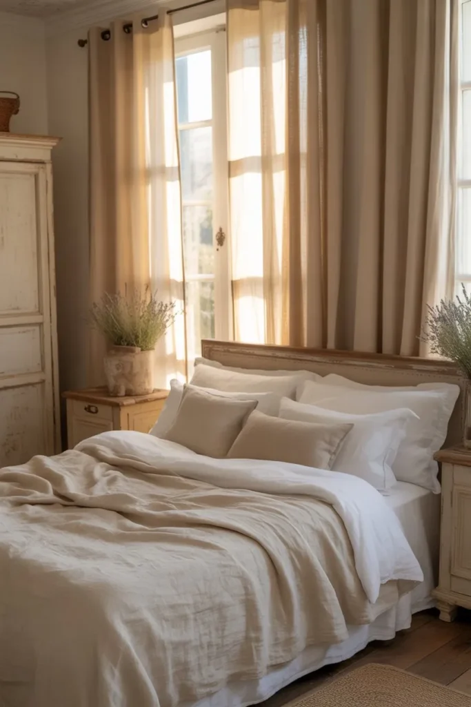 French Country Bedroom with Linen Curtains