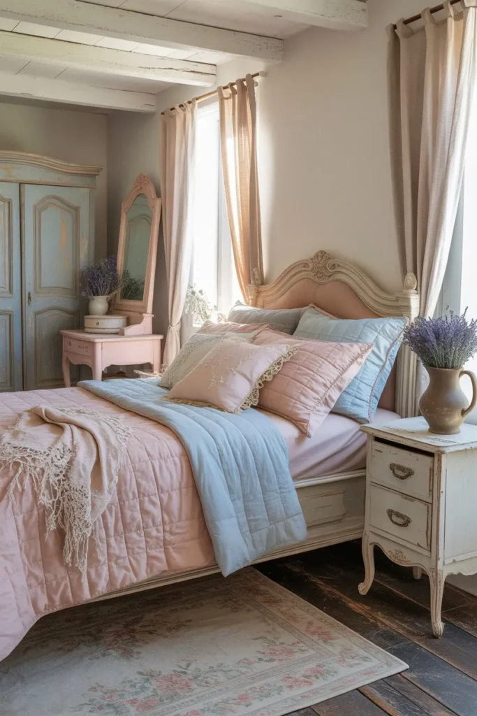 French Country Bedroom with Pastel Color Accents