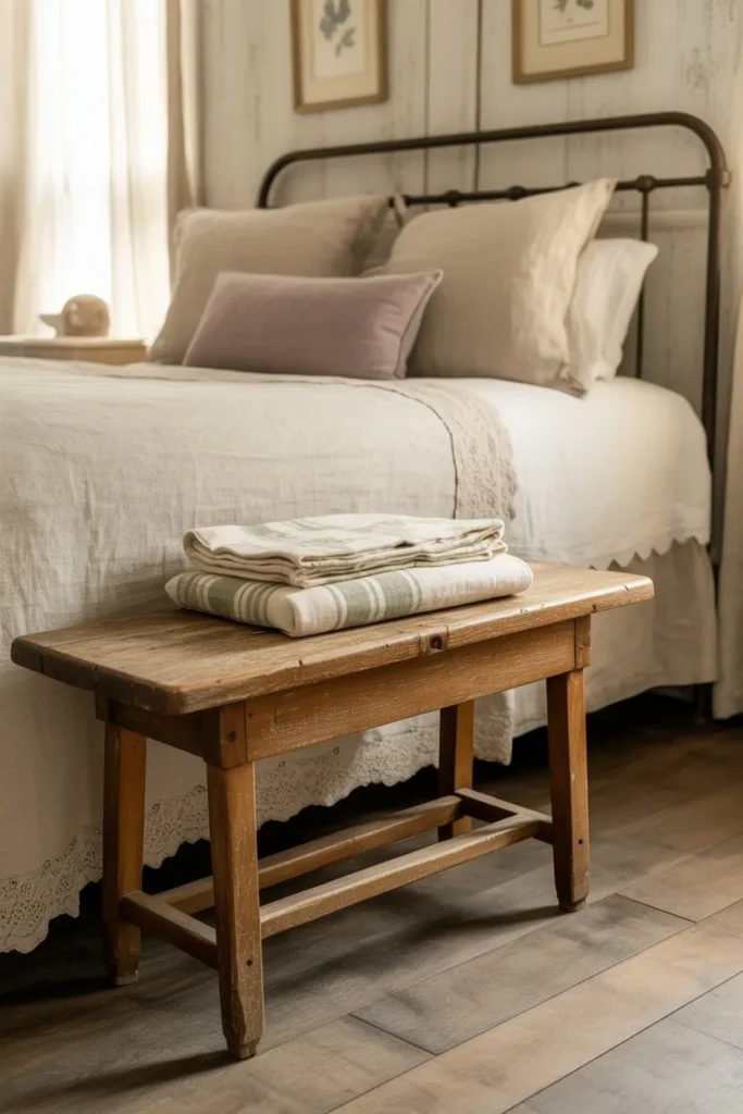 French Country Bedroom with Rustic Bench at Foot of Bed