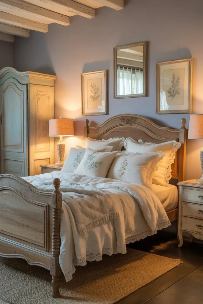 French Country Bedroom with Rustic Wooden Bed Frame