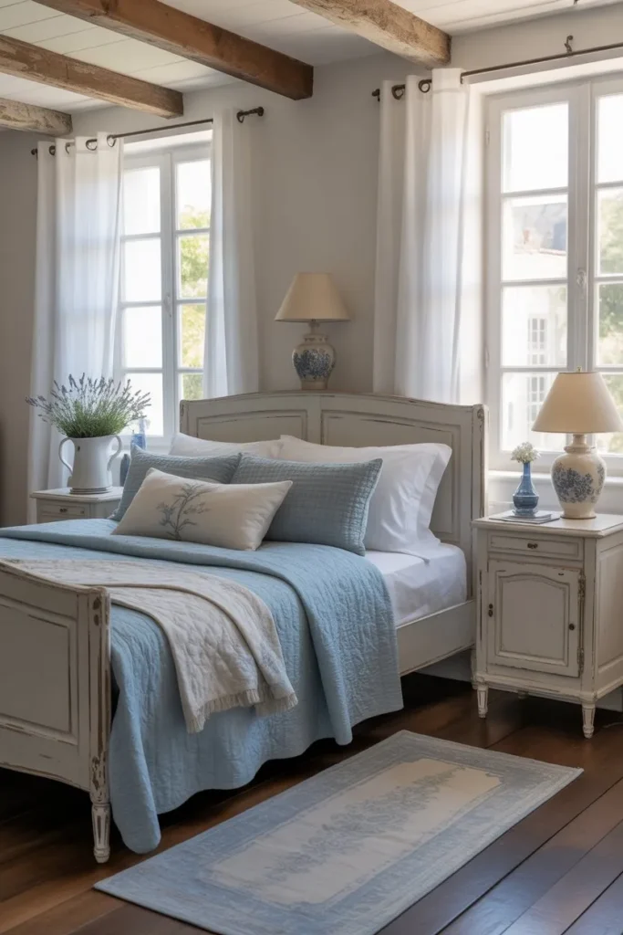 French Country Bedroom with Soft Blue Color Scheme