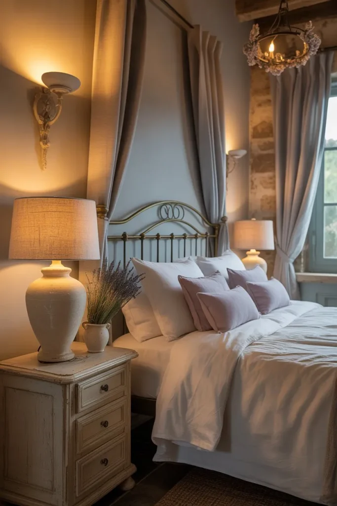 French Country Bedroom with Soft Lighting Layers