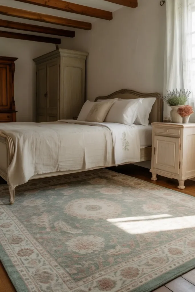 French Country Bedroom with Soft Patterned Rugs