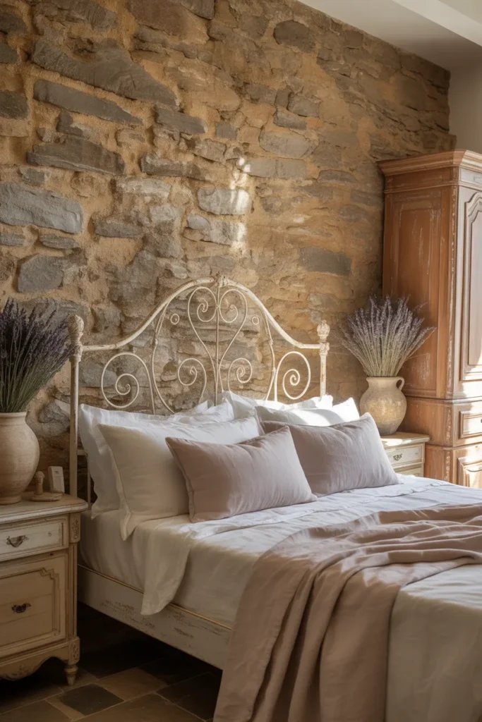 French Country Bedroom with Stone Accent Wall