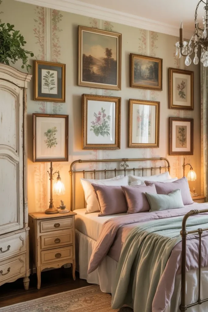 French Country Bedroom with Vintage Artwork