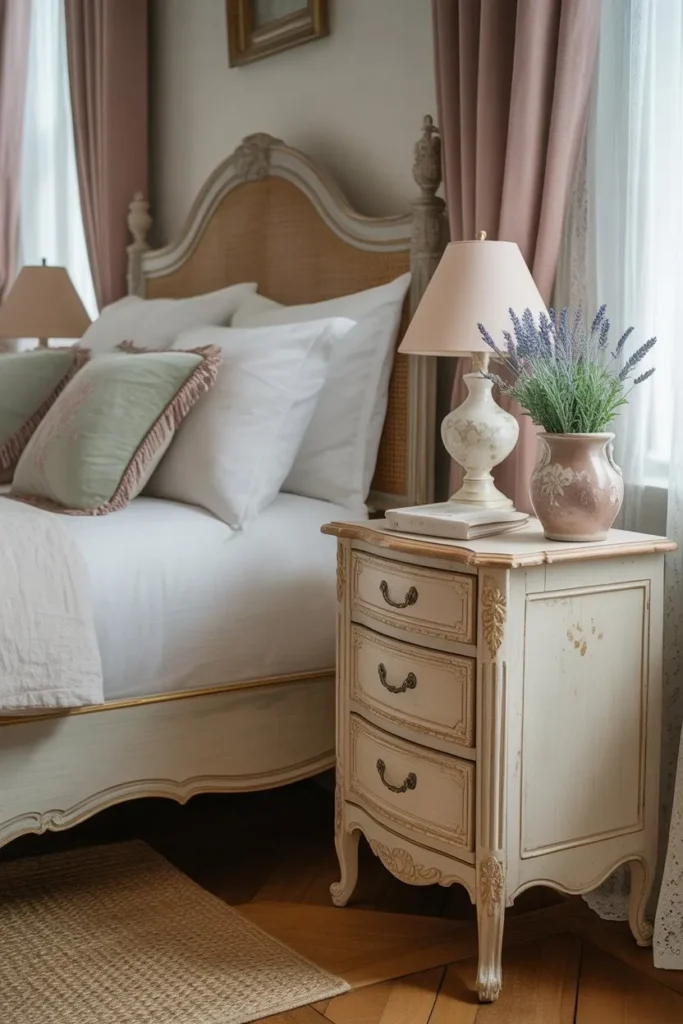French Country Bedroom with Vintage Nightstands