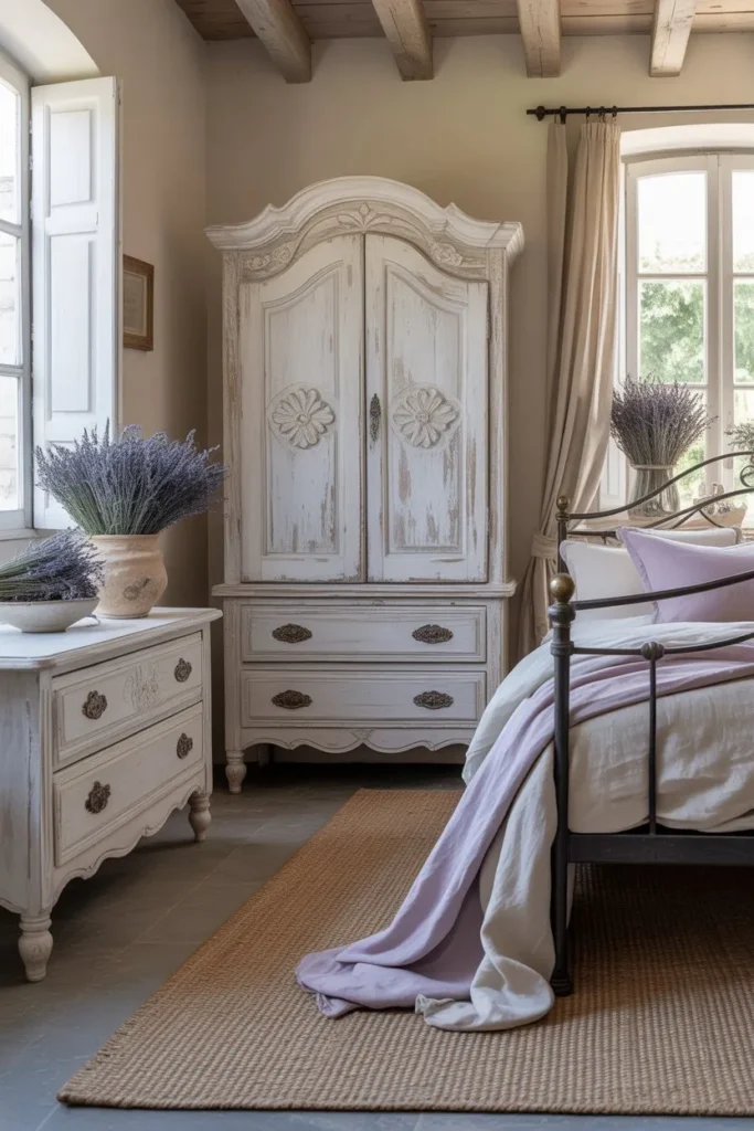 French Country Bedroom with Whitewashed Furniture
