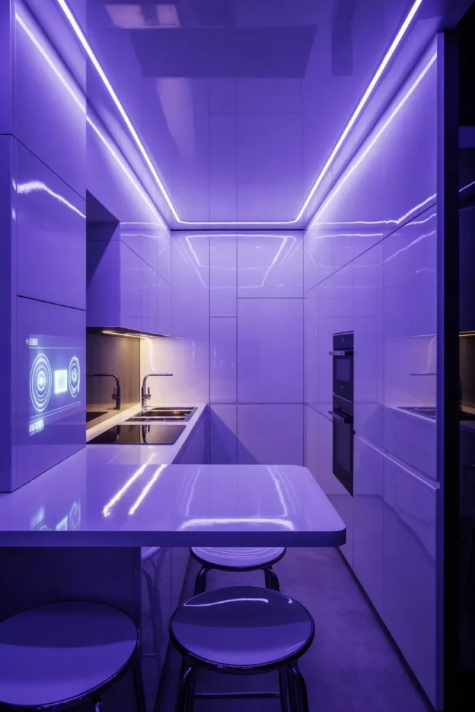21 Narrow Kitchen Ideas to Maximize Every Inch Smartly Futuristic Neon Violet Gallery