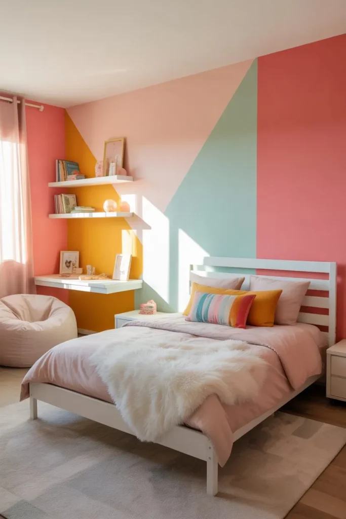 Girls Room with Color-Blocked Accent Wall