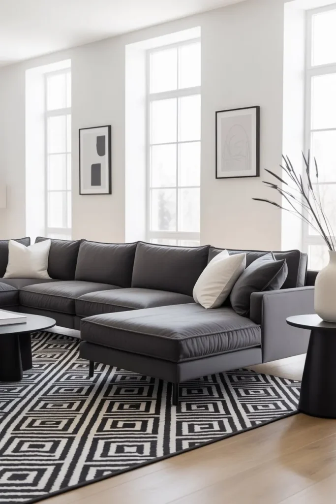 Grey Sofa Living Room with Black and White Theme