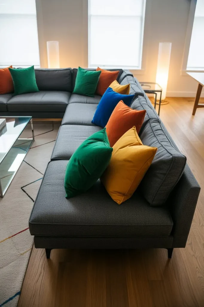 Grey Sofa Living Room with Bold Accent Pillows