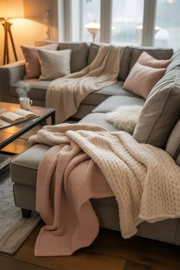 Grey Sofa Living Room with Cozy Throw Blankets