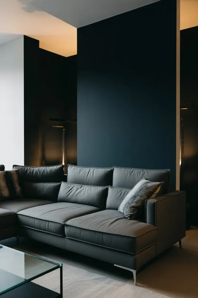 Grey Sofa Living Room with Dark Accent Walls