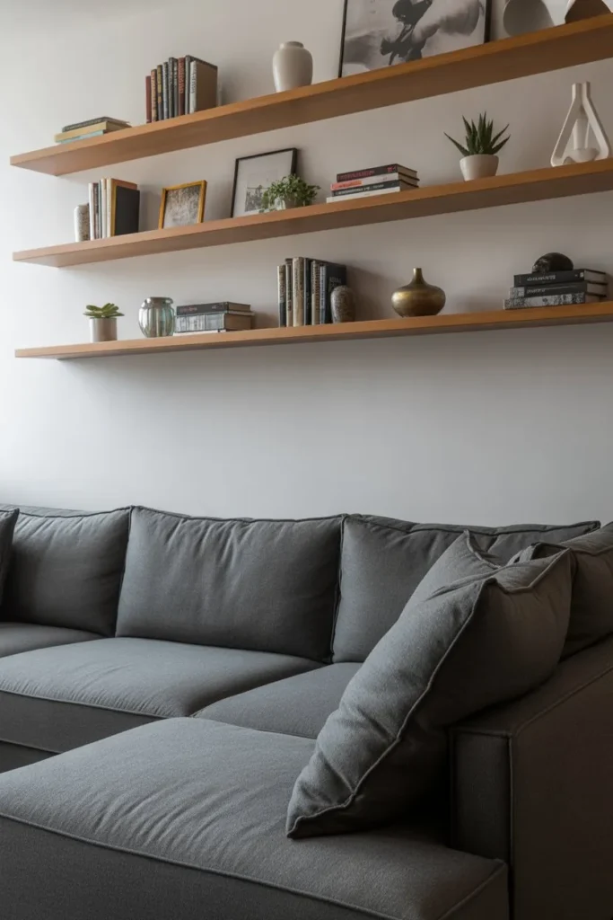 Grey Sofa Living Room with Floating Shelves