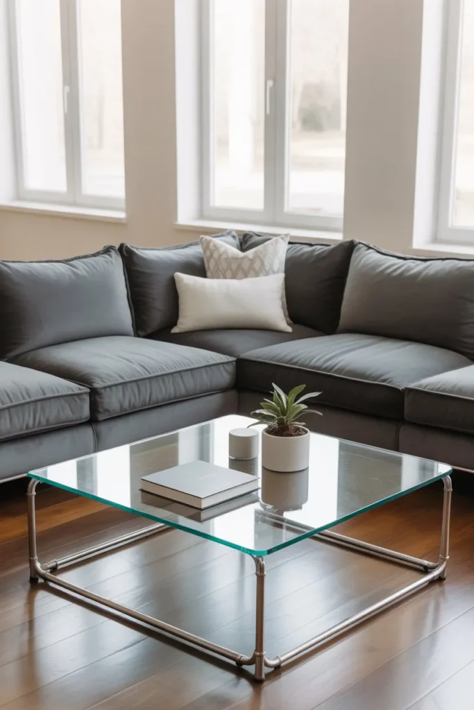 Grey Sofa Living Room with Glass Coffee Table