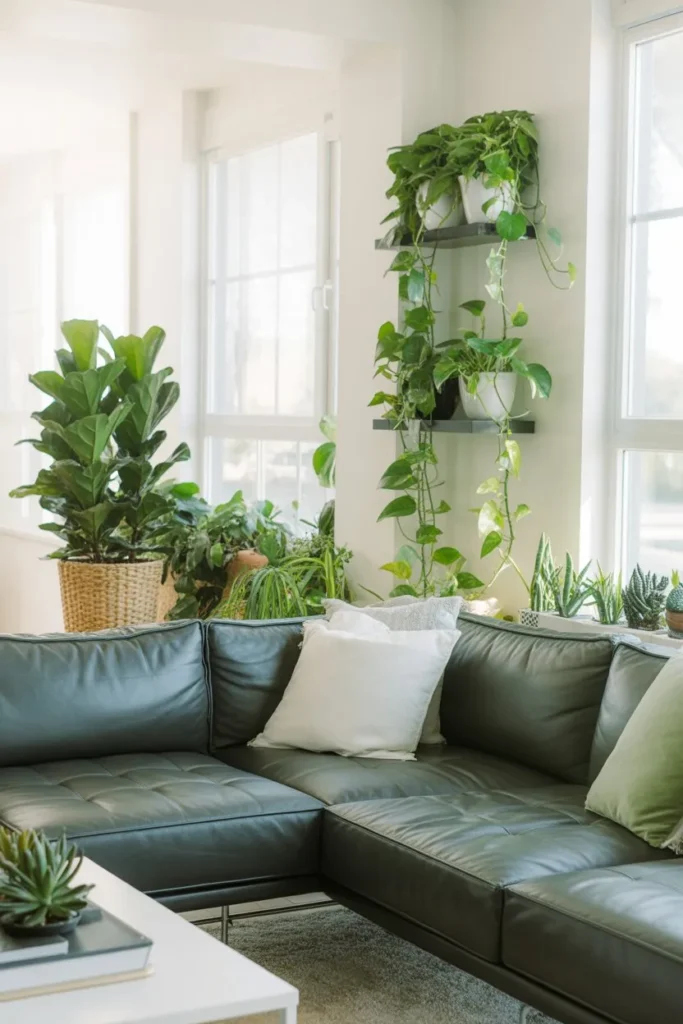 Grey Sofa Living Room with Indoor Plants