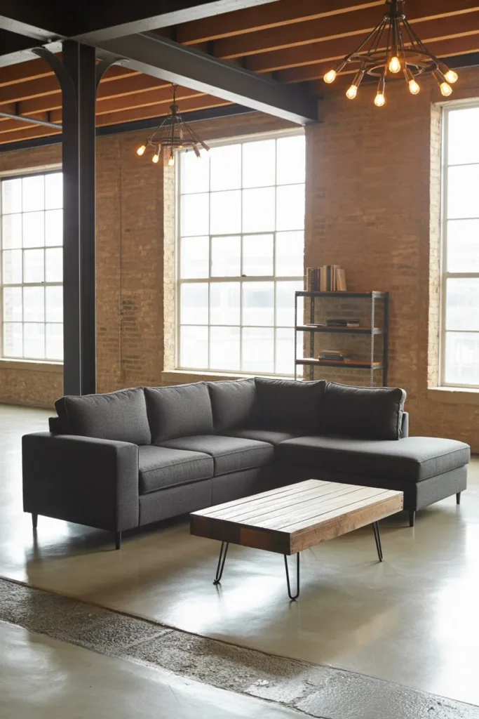 Grey Sofa Living Room with Industrial Style Elements