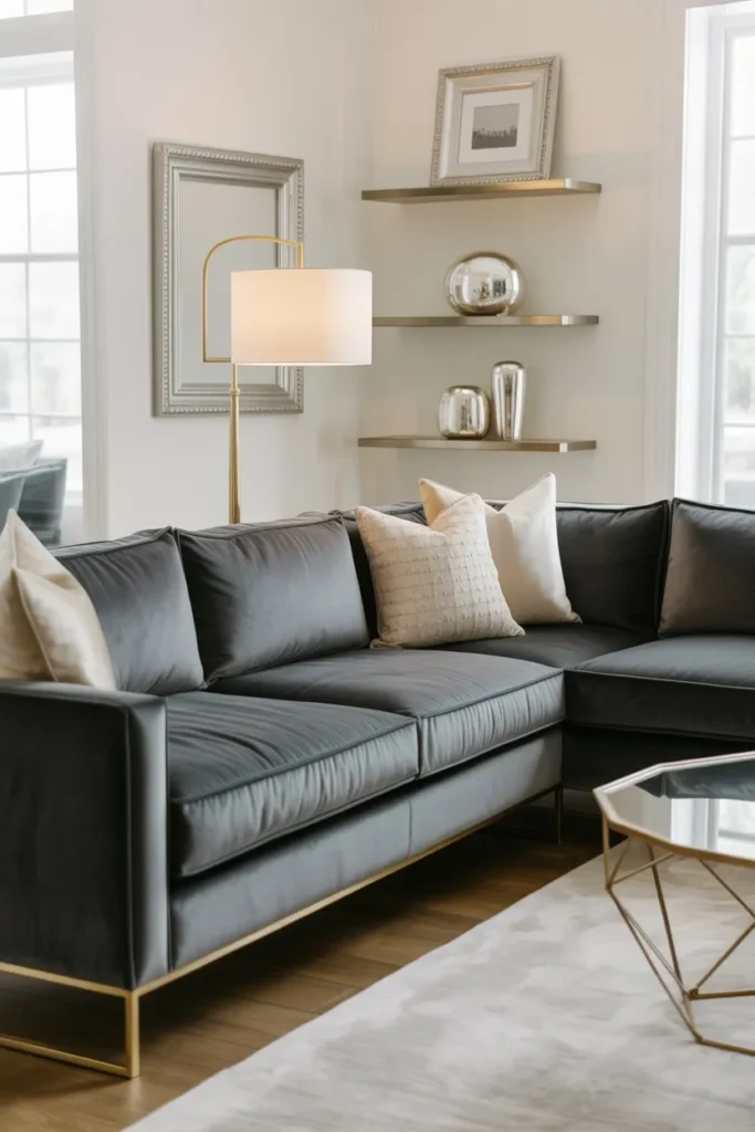 Grey Sofa Living Room with Metallic Accents
